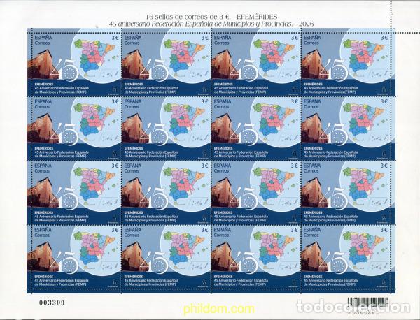 Sellos: 785219 MNH ESPA&Ntilde;A 2026 EFEM&eacute;RIDES. 45 ANIVERSARIO FEDERACI&oacute;N ESPA&ntilde;OLA DE MUNICIPIOS Y PROVINCIA