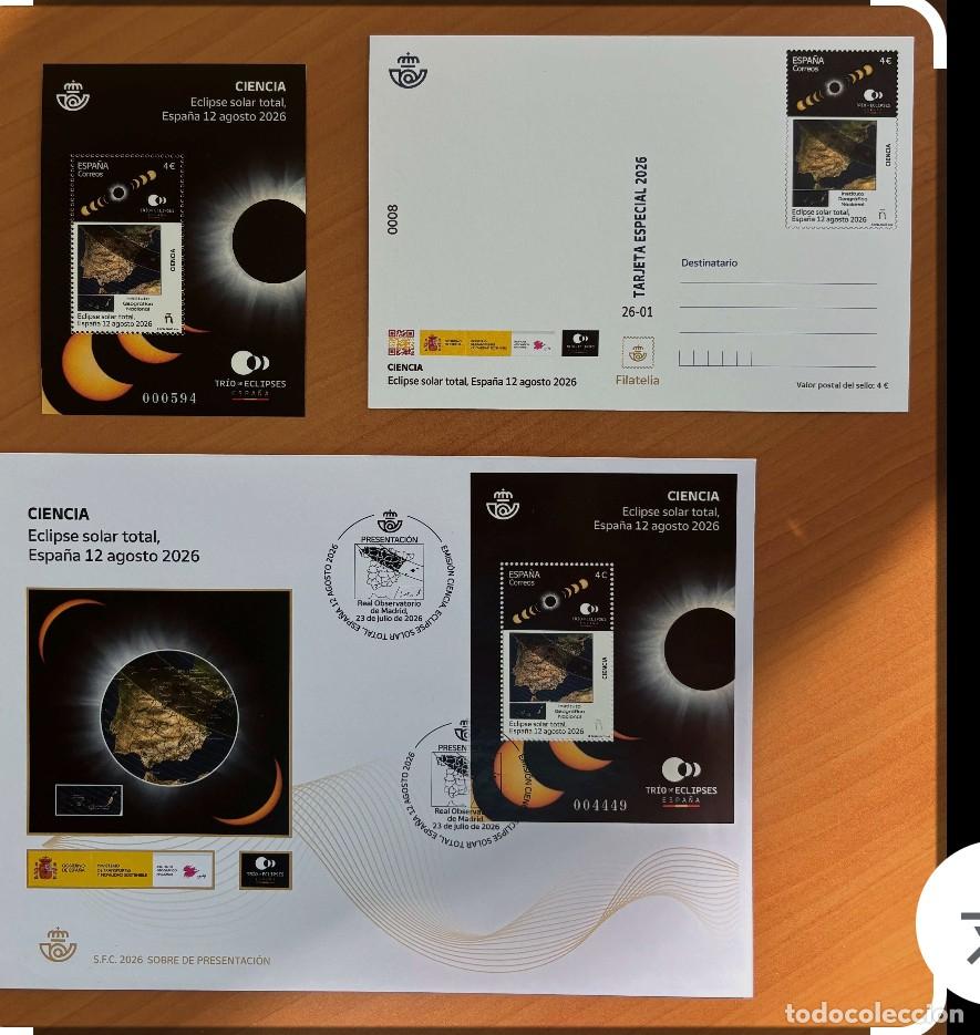 Sellos: ESPA&Ntilde;A 2026 HB CIENCIA: ECLIPSE SOLAR TOTAL, ESPA&Ntilde;A 12 AGOSTO 2026 FDC + POSTAL ED 5934 YT 5694