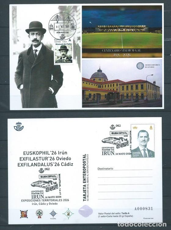 Sellos: ESPA&Ntilde;A 2026 EXPOSICIONES TERRITORIALES: CADIZ , IRUN Y OVIEDO ENTERO POSTAL CANCELADA PRIMER DIA