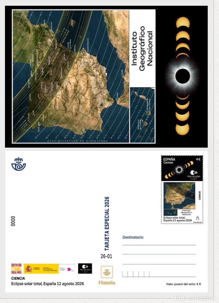 Sellos: ESPA&Ntilde;A 2026 HB CIENCIA: ECLIPSE SOLAR TOTAL, ESPA&Ntilde;A 12 AGOSTO 2026 ENTERO POSTAL