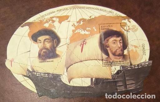 Sellos: ESPA&Ntilde;A / PORTUGAL.Sello Muestra / Hojita V Centenario Magallanes-Elcano. Dentado con marca circular