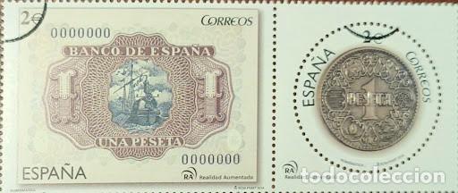 Sellos: Sello / Hojita bloque Correos 2014 - Numism&aacute;tica (Billete y Moneda de 1 Peseta) - MUESTRA
