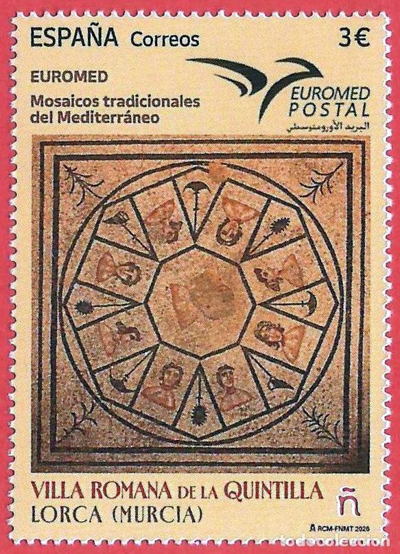 Sellos: Espa&ntilde;a. 2026. Euromed. Mosaicos tradicionales del Mediterr&aacute;neo. Villa romana de la Quintilla. Lorca