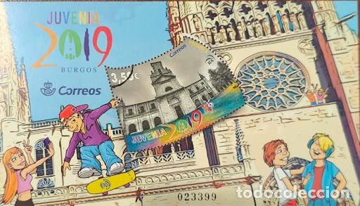 Sellos: Hojita bloque Espa&ntilde;a 2019 Juvenia Burgos - Muestra / Cancelaci&oacute;n (Matasellos circular)
