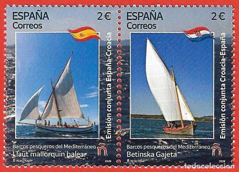 Sellos: Espa&ntilde;a. 2026. Sello emisi&oacute;n conjunta Espa&ntilde;a-Croacia. Barcos pesqueros del Mediterr&aacute;neo