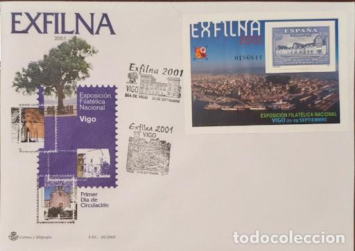 Sellos: Sobre Primer D&iacute;a / Hojita / Tarjeta Exfilna 2001 - Vigo (Exposici&oacute;n Filat&eacute;lica Nacional)