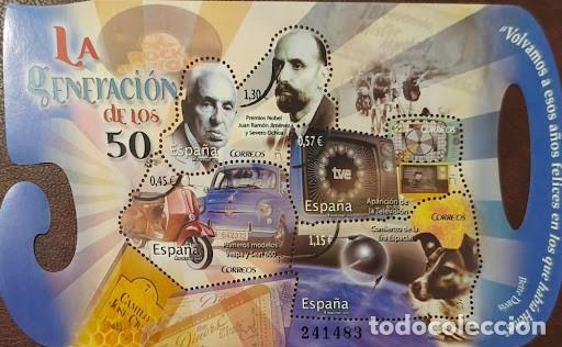 Sellos: Bloque / Hojita MUESTRA - La Generaci&oacute;n de los 50 (Premios Nobel, TV, Vespa, Seat 600)