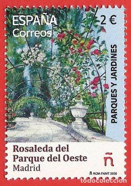 Sellos: Espa&ntilde;a. 2026. Parques y jardines. Rosaleda del Parque del Oeste. Madrid