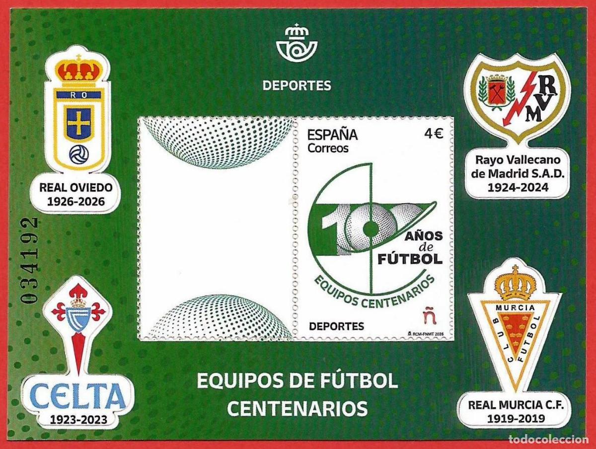 Sellos: Espa&ntilde;a. 2026. Equipos F&uacute;tbol centenarios: Real Oviedo; Rayo Vallecano; Celta; Real Murcia