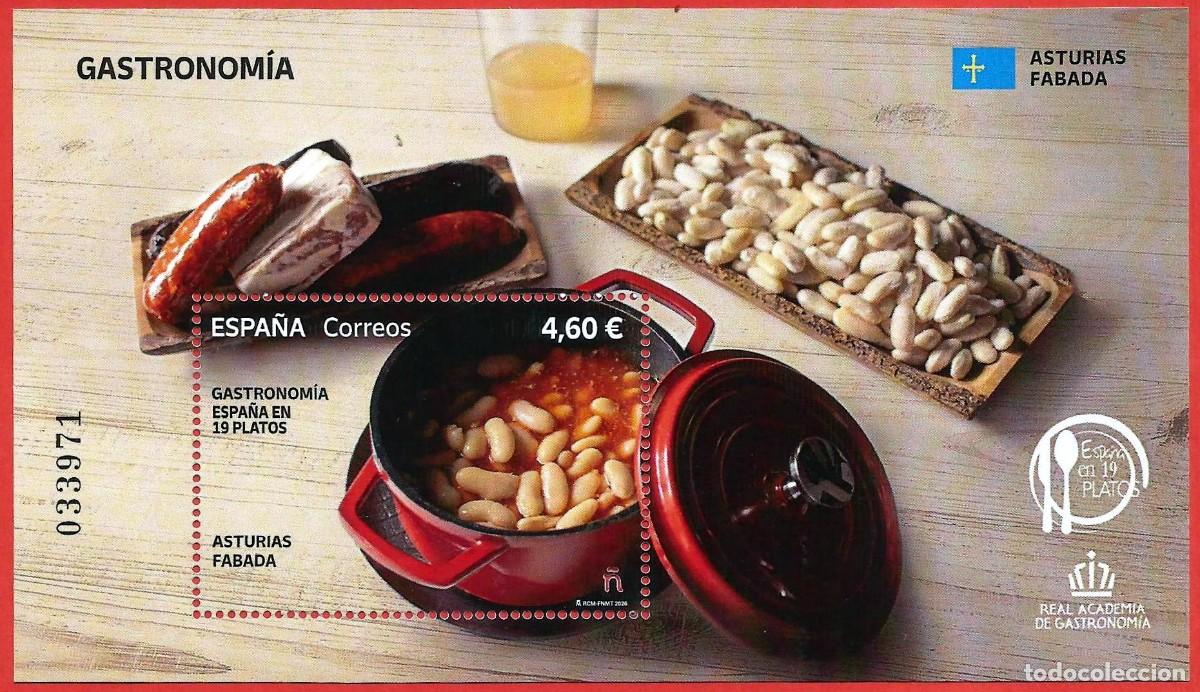 Sellos: Espa&ntilde;a. 2026. HB. Gastronom&iacute;a: Espa&ntilde;a en 19 platos. Asturias. Fabada