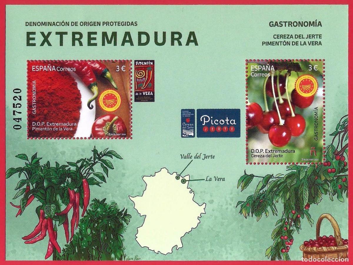 Sellos: Espa&ntilde;a. 2024. Edifil # 5732. HB. DOP. Gastronomia Extremadura. Pimenton de la Vera. Cereza del Jerte