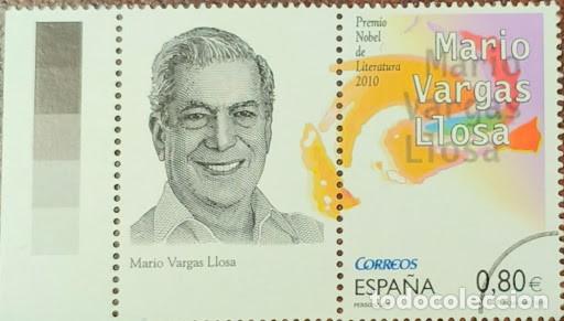 Timbres: Personajes. Mario Vargas Llosa - Premio Nobel de Literatura 2010. A&ntilde;o 2011. Sello MUESTRA