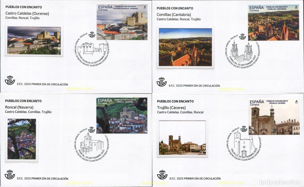 Sellos: 773758 MNH ESPA&Ntilde;A 2025 PUEBLOS CON ENCANTO. CASTRO CALDELAS (OURENSE). COMILLAS (CANTABRIA). RONCA