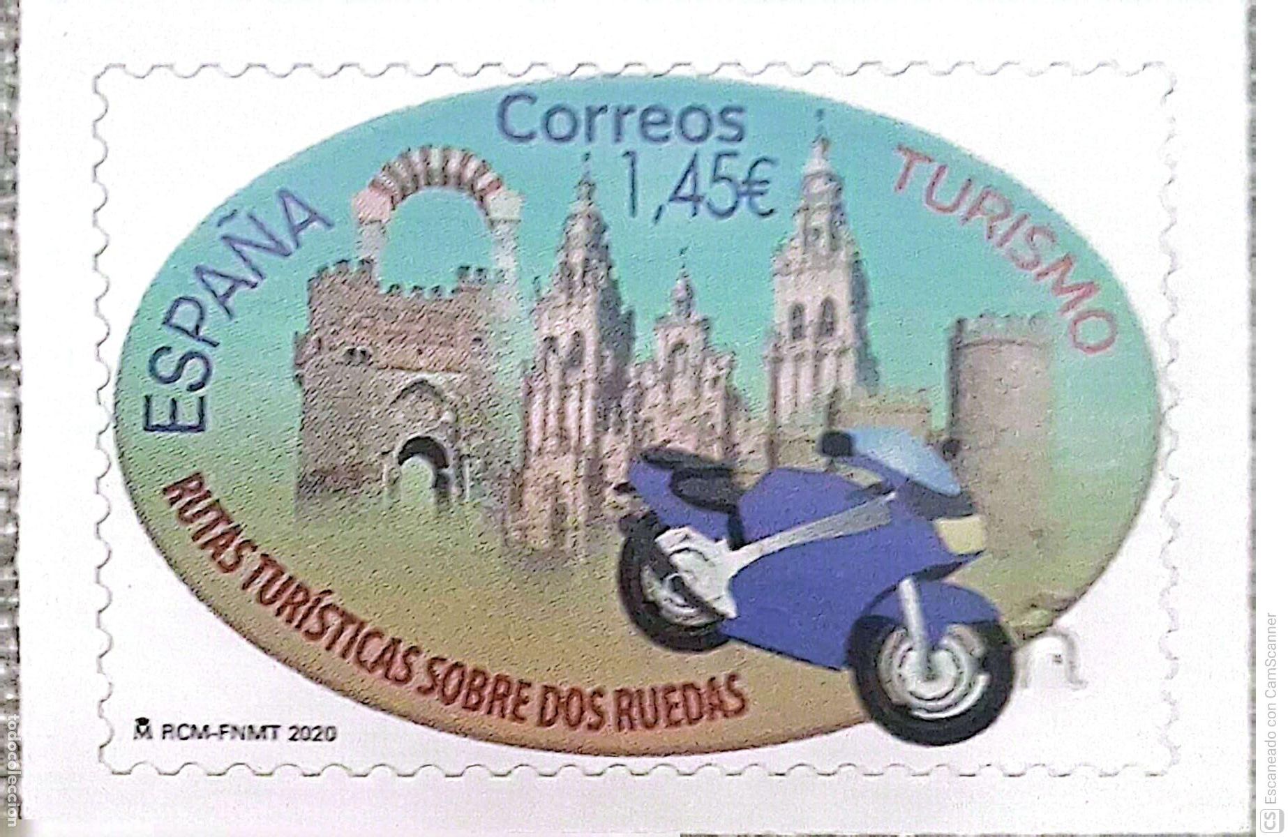 Sellos: Espa&ntilde;a. 5375 Turismo: Rutas tur&iacute;sticas sobre moto, fondo con monumento. 2020. Sellos nuevos y numera