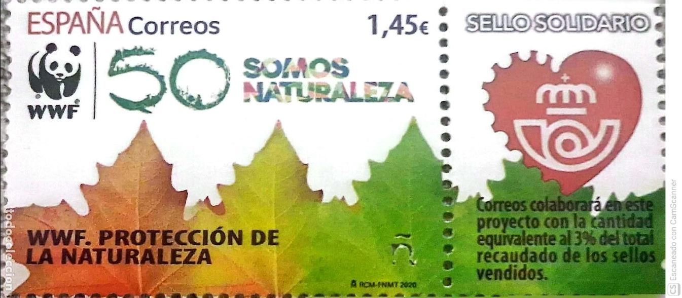 Sellos: Espa&ntilde;a. 5401 Sello Solidario: Composici&oacute;n con hojas de marchita a verde con el lema, Somos naturale