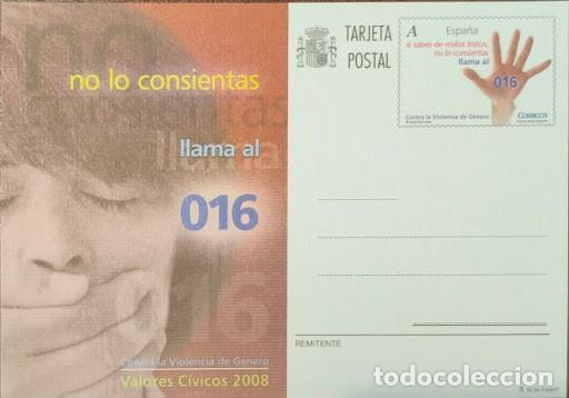 Briefmarken: Tarjeta postal Tarifa A, prepagada - Valores C&iacute;vicos 2008: Contra la Violencia de G&eacute;nero (016)