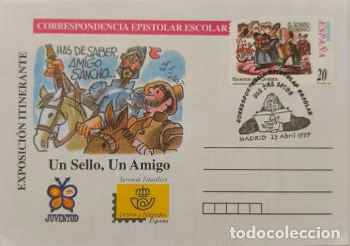 Sellos: Correspondencia Epistolar Escolar, Itinerante - Don Quijote / Matasellos D&iacute;a del Libro Madrid 1999.
