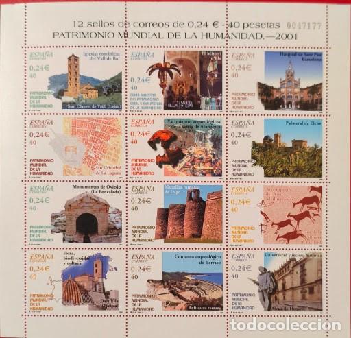 Sellos: ESP. 2001 - Hoja bloque 12 sellos. Patrimonio Mundial de la Humanidad. NUEVA.