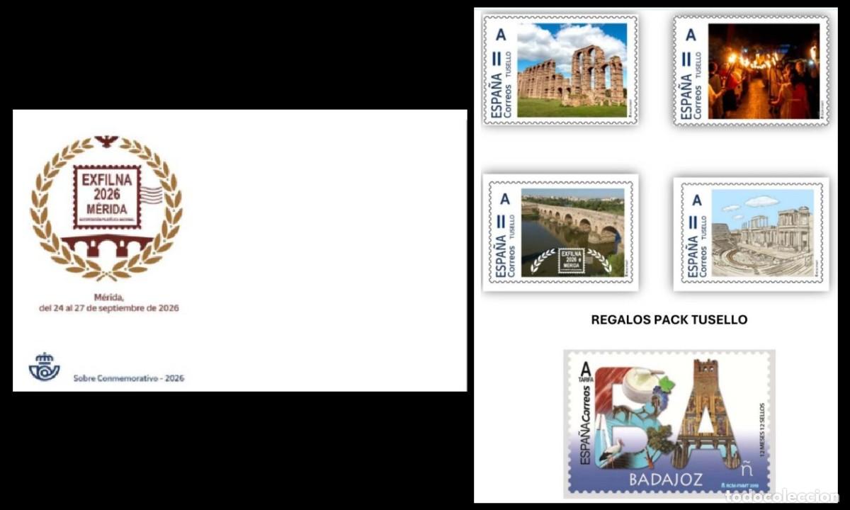 Sellos: ESPA&Ntilde;A 2026 PACK TU SELLO EXFILNA M&Eacute;RIDA 2026 , 4 SELLOS + REGALO