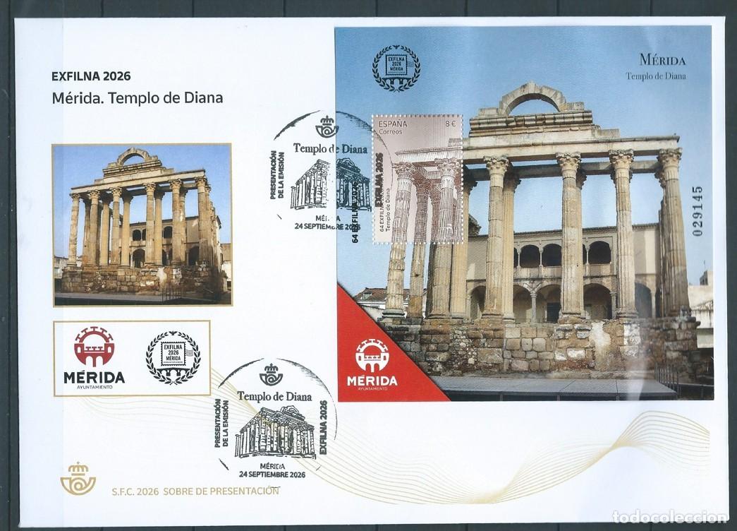 Sellos: ESPA&Ntilde;A 2026 HB EXFILNA M&Eacute;RIDA. TEMPLO DE DIANA FDC ED HB-5943 YT F5703