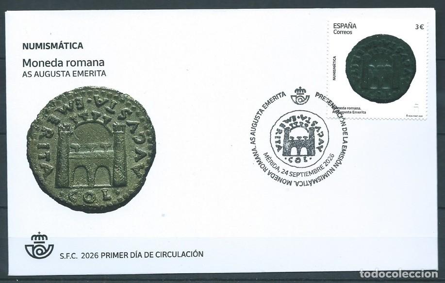 Sellos: ESPA&Ntilde;A 2026 NUMISM&Aacute;TICA. MONEDA ROMANA. AS AUGUSTA EM&Eacute;RITA FDC ED 5944 YT 5704