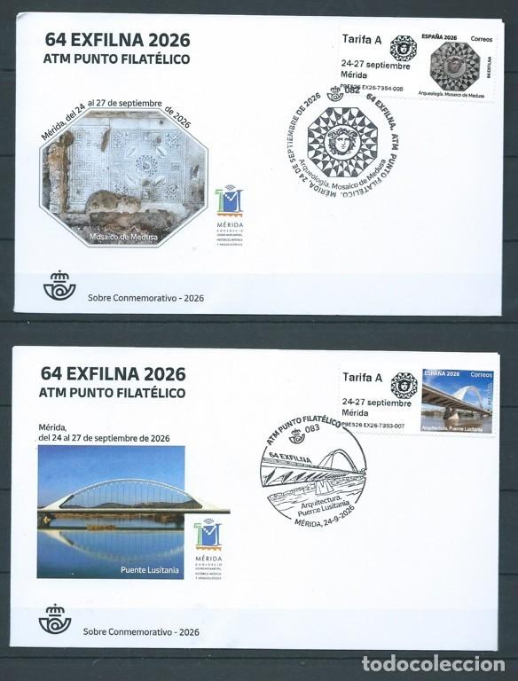Sellos: ESPA&Ntilde;A 2026 PACK 2 ATM EN SOBRES FDC EXFILNA M&Eacute;RIDA 2026