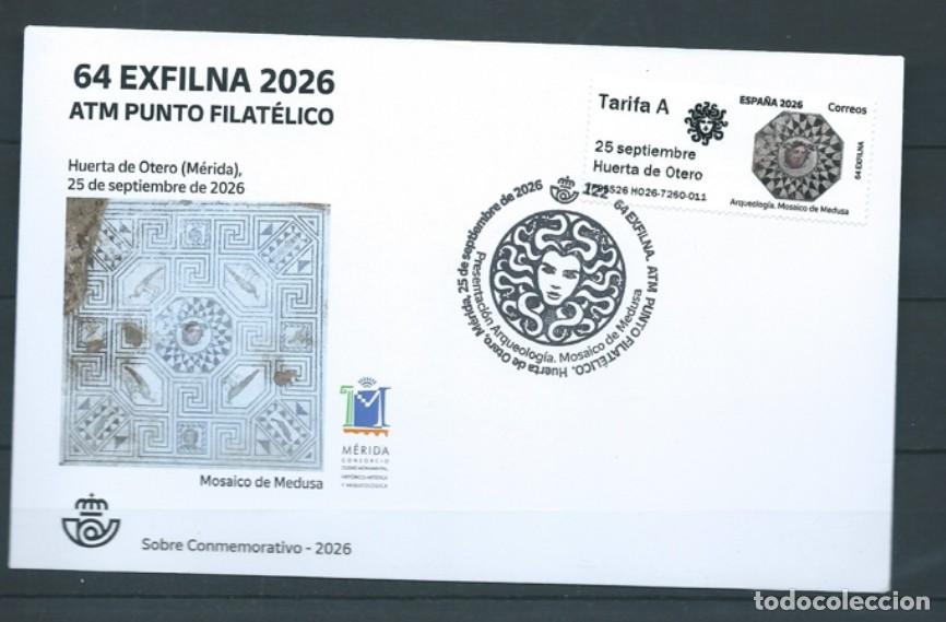 Sellos: ESPA&Ntilde;A 2026 ATM SOBRE EXFILNA M&Eacute;RIDA 2026 HUERA DE OTERO FDC