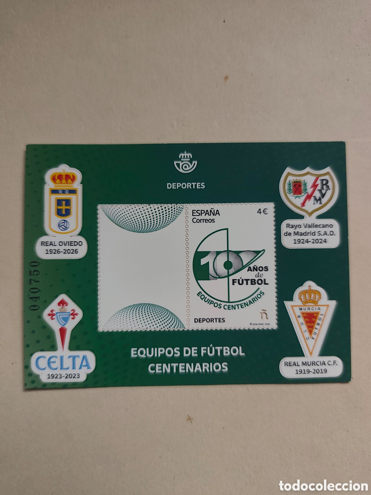 Sellos: ESPA&Ntilde;A 2026 HB EQUIPOS DE F&Uacute;TBOL CENTENARIOS:R..OVIEDO; RAYO VALLECANO;CELTA; REAL MURCIA ED HB5912