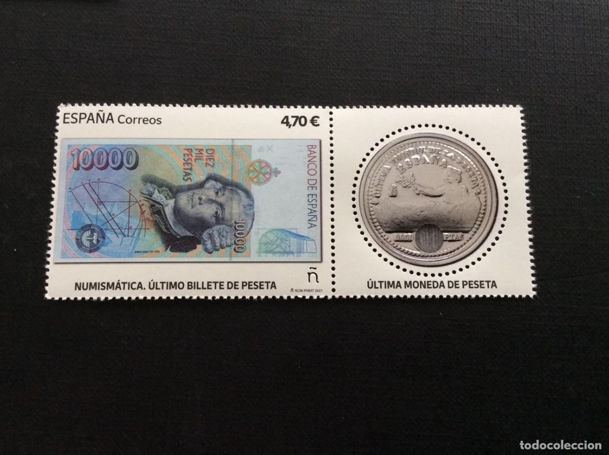 Sellos: ESPA&Ntilde;A N&ordm; EDIFIL 5505*** A&Ntilde;O 2021. NUMISMATICA. ULTIMO BILLETE Y MONEDA DE PESETA