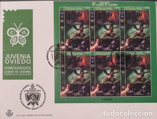 Sellos: Sobre Primer D&iacute;a (FDC) Correos 2021 - JUVENIA OVIEDO Videojuegos: League of Legends (Hoja Bloque)