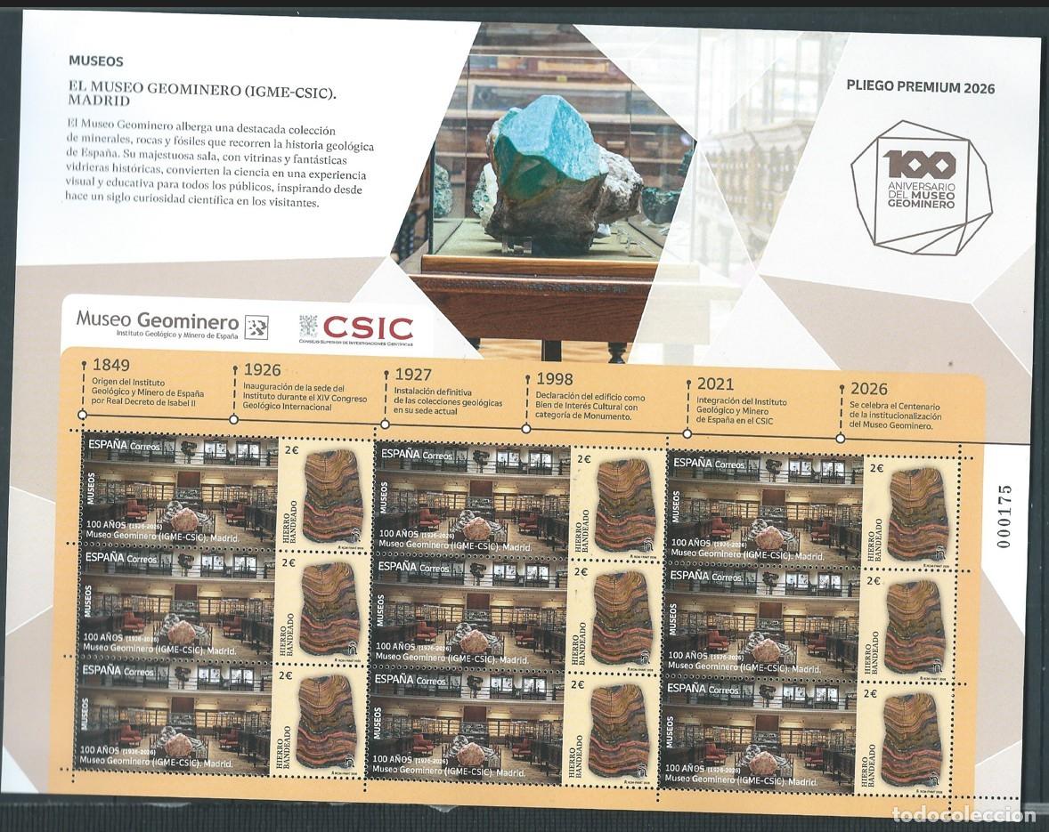 Timbres: ESPA&Ntilde;A 2026 MUSEO GEOMINERO MADRID PLIEGO PREMIUN ED 5939 YT 5698