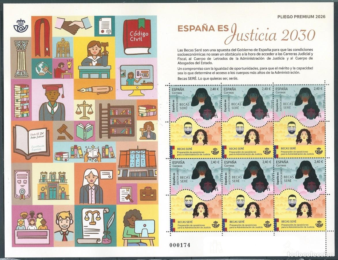 Timbres: ESPA&Ntilde;A 2026 ESPA&Ntilde;A.ES JUSTICIA 2030: BECAS SER&Eacute; PLIEGO PREMIUN ED 5947 YT 5707