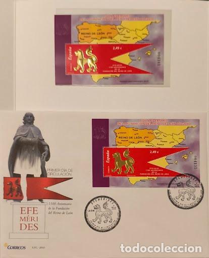 Selos: Espa&ntilde;a 2010. Carpeta/D&iacute;ptico Oficial Correos: 1100 Aniversario Reino de Le&oacute;n. Hoja Bloque y sobre