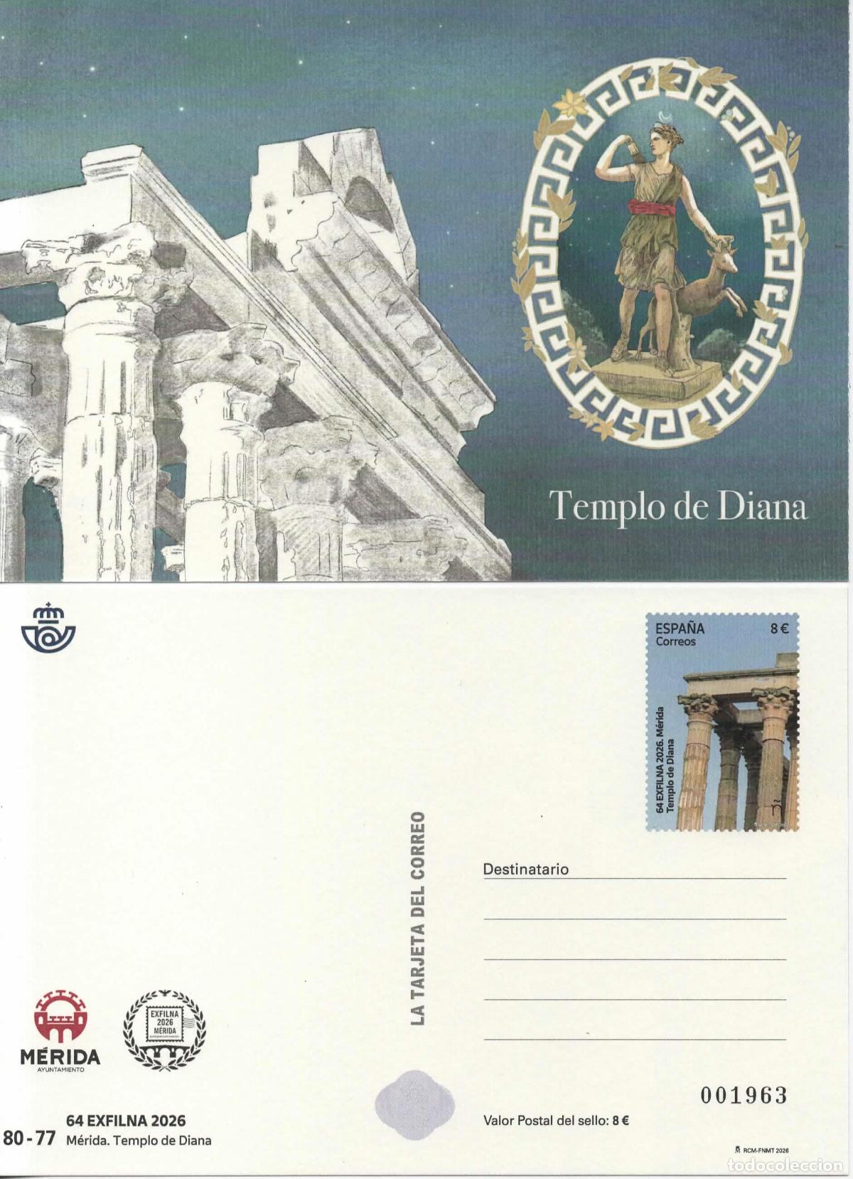 Sellos: ESPA&Ntilde;A ENTERO POSTAL MERIDA TEMPLO DE DIANA ROMAN EMPIRE ARQUITECTURA