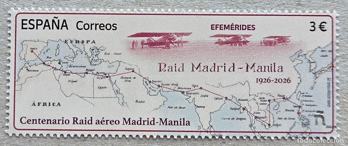 Sellos: 2026. ESPA&Ntilde;A. Centenario del hist&oacute;rico Raid a&eacute;reo (1926) Madrid-Manila. Sello de 3,00&euro;. Nuevo.
