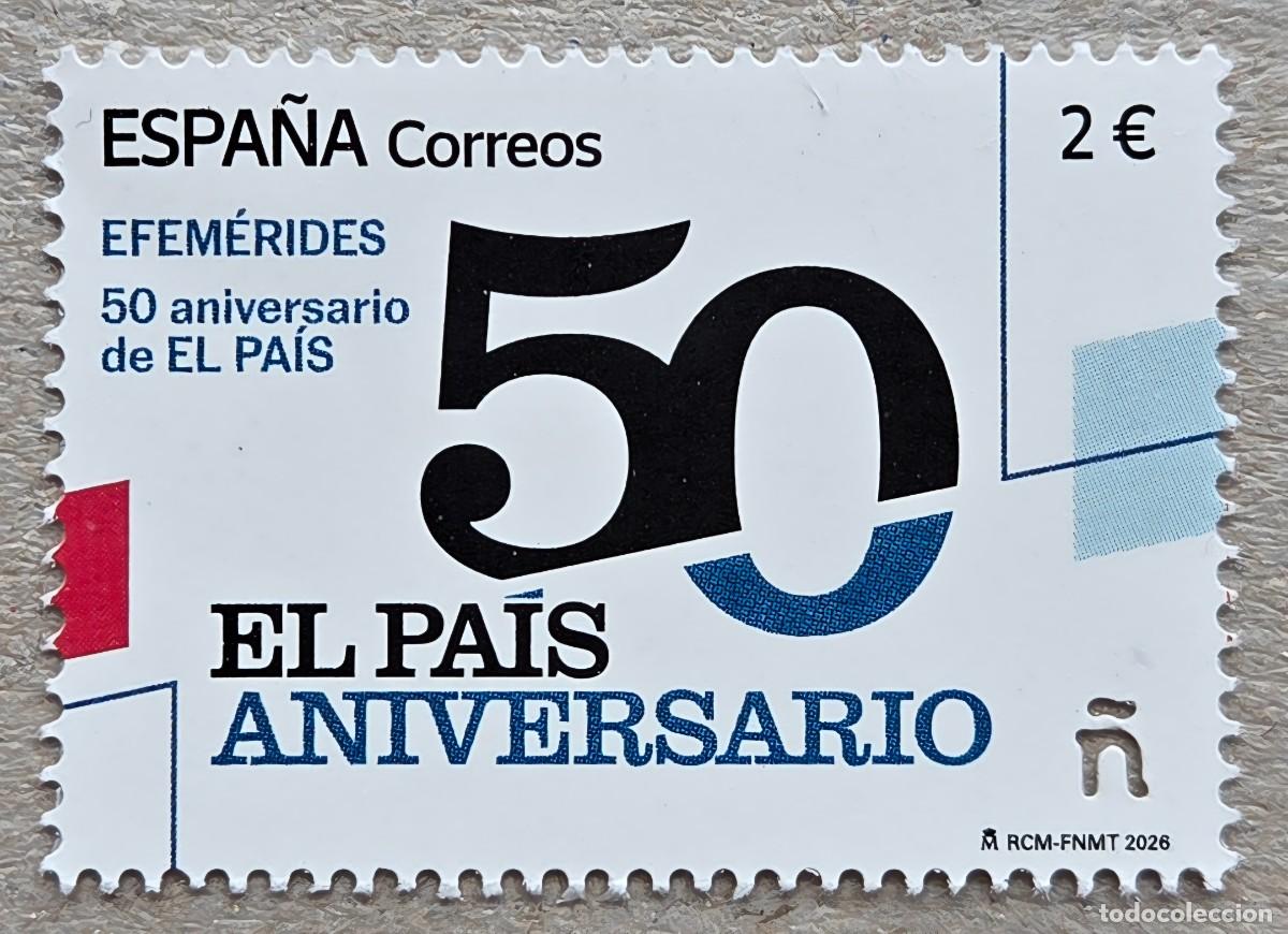 Sellos: 2026. ESPA&Ntilde;A. 50 aniv. fundacional peri&oacute;dico El Pa&iacute;s, de Madrid. Sello de 2&euro;. Serie completa. Nuevo.
