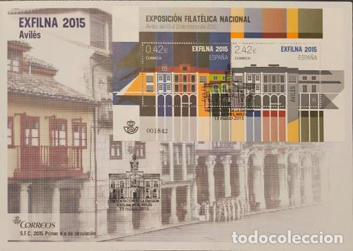 Sellos: Sobre Primer D&iacute;a de Circulaci&oacute;n (FDC / S.F.C.) EXFILNA 2015 Avil&eacute;s - Hoja Bloque y Matasellos esp.
