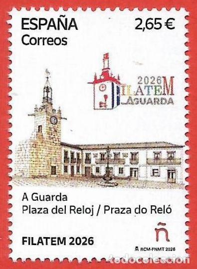 Sellos: Espa&ntilde;a. 2026. Filatem. A Guarda. Plaza del Reloj/ Praza do Relo