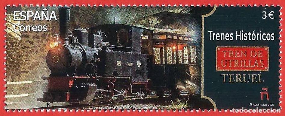 Sellos: Espa&ntilde;a. 2026. Trenes hist&oacute;ricos. Tren de Utrillas (Teruel)