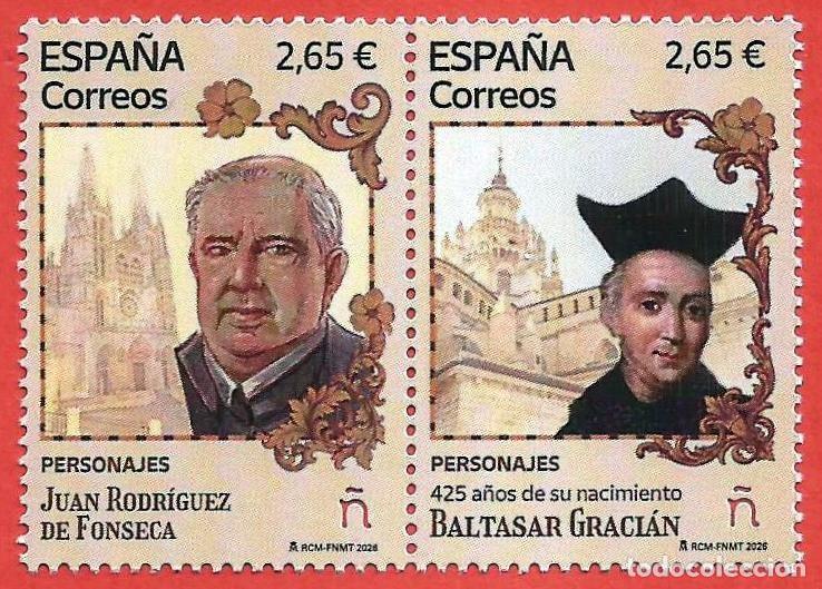 Sellos: Espa&ntilde;a. 2026. Personajes. Baltasar Graci&aacute;n. Juan Rodr&iacute;guez de Fonseca
