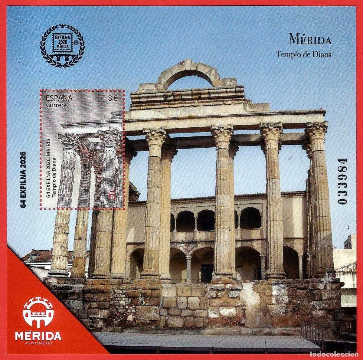 Sellos: Espa&ntilde;a. 2026. HB. EXFILNA 2026. M&eacute;rida. Templo de Diana