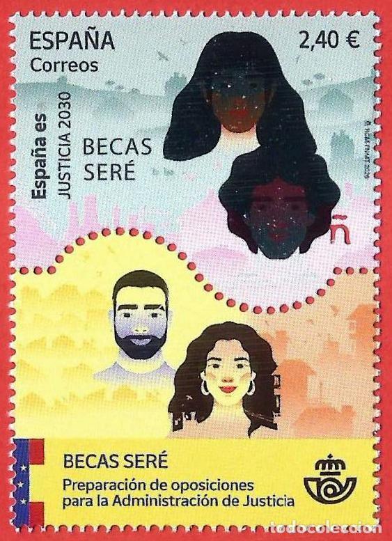 Sellos: Espa&ntilde;a. 2026. Espa&ntilde;a ES. Justicia 2030. Becas Ser&eacute;