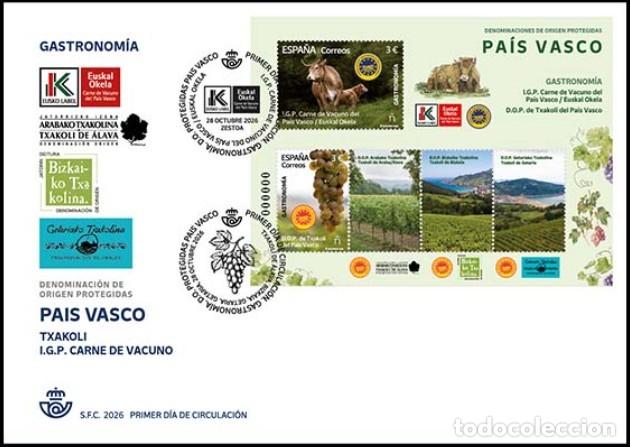 Sellos: ESPA&Ntilde;A 2026 HB GASTRONOM&Iacute;A. D.O. P. PA&Iacute;S VASCO: CARNE VACUNO-TXAKOLI FDC ED HB-5966 YT F5726-27