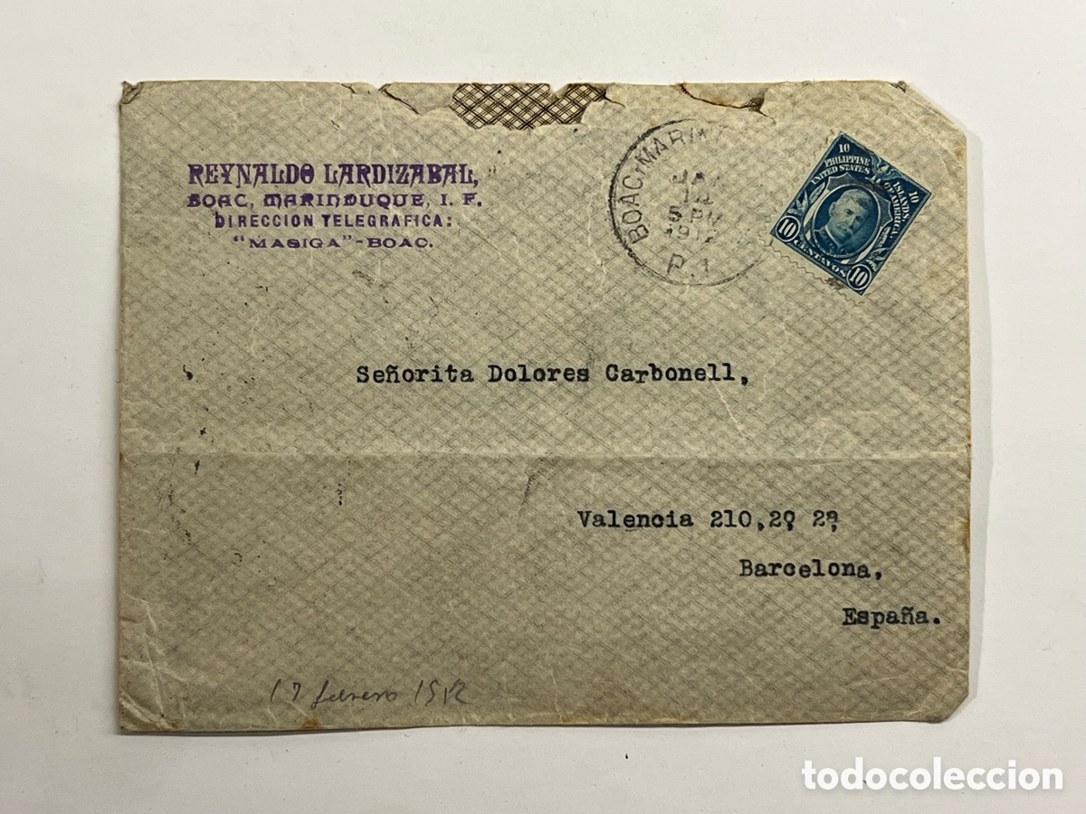 Sellos: MANILA, Filipinas.. sobre circulado a Barcelona, Julio de 1912.. REYNALDO LARDIZABAL. BOAC