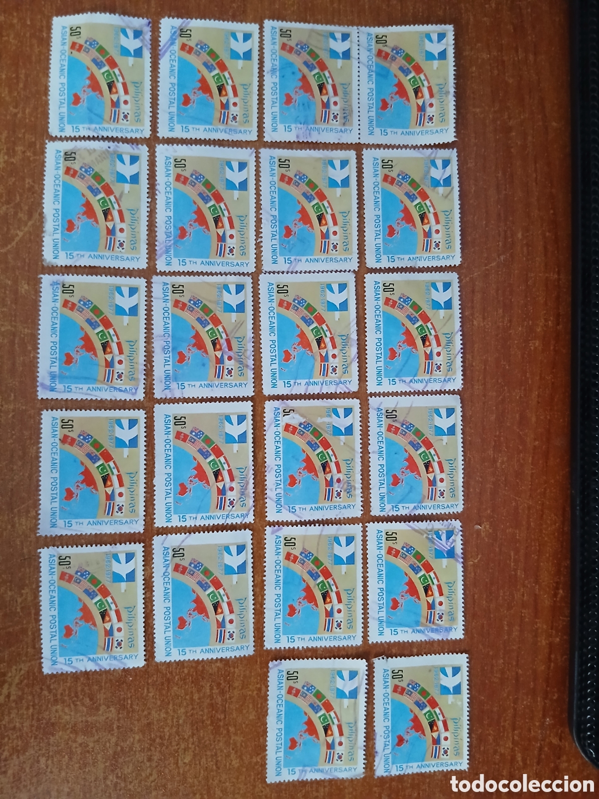 Sellos: 22 Sellos Filipinas 15 Aniversario Uni&oacute;n Postal Asia y Ocean&iacute;a 1962-1977 -50 Centavos-