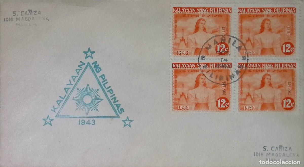 Sellos: O) 1943 PHILIPPINES, OCCUPATION STAMP, RIZAL MONUMENT FILIPINA AND PHILIPPINE FLAG, INDEPENDENCE OF