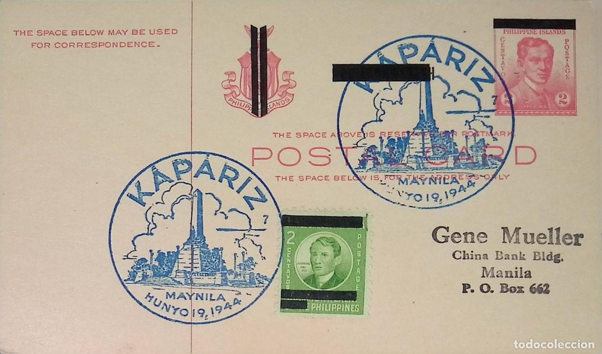 Sellos: O) 1944 PHILIPPINES, KAPARIZ, JOSE RIZAL 2c greenJOSE RIZAL 2c red, POSTAL STATIONERY CIRCULATED T