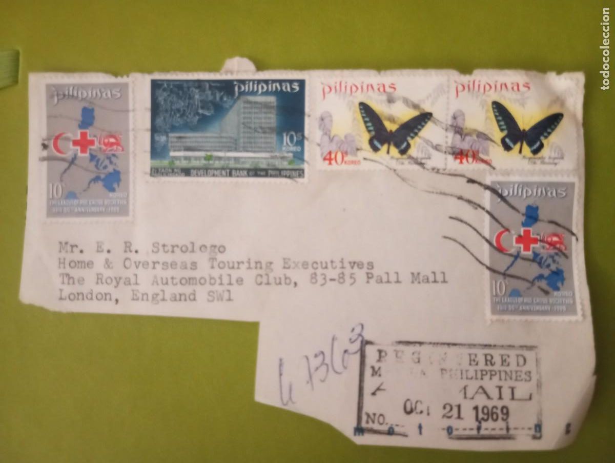 Sellos: FILIPINAS, FRAGMENTO DE CERTIFICADO CON DESTINO A INGLATERRA, 1969