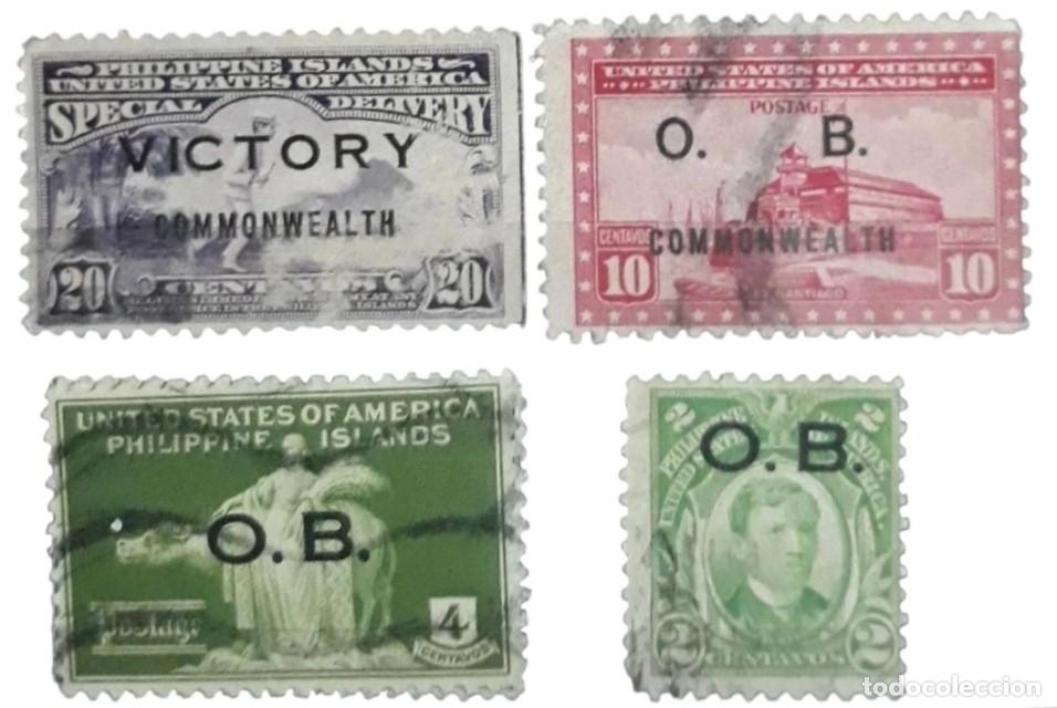 Sellos: Lote de 4 Sellos usados Filipinas Ocupaci&oacute;n EE.UU. y Commonwealth - Sobrecargas Victory y O.B.