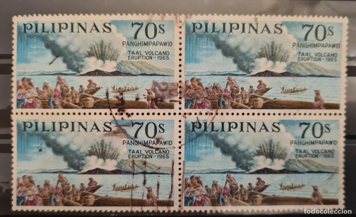 Sellos: Bloque de 4 sellos usados de Filipinas 1967: II aniversario de la erupci&oacute;n del volc&aacute;n Taal